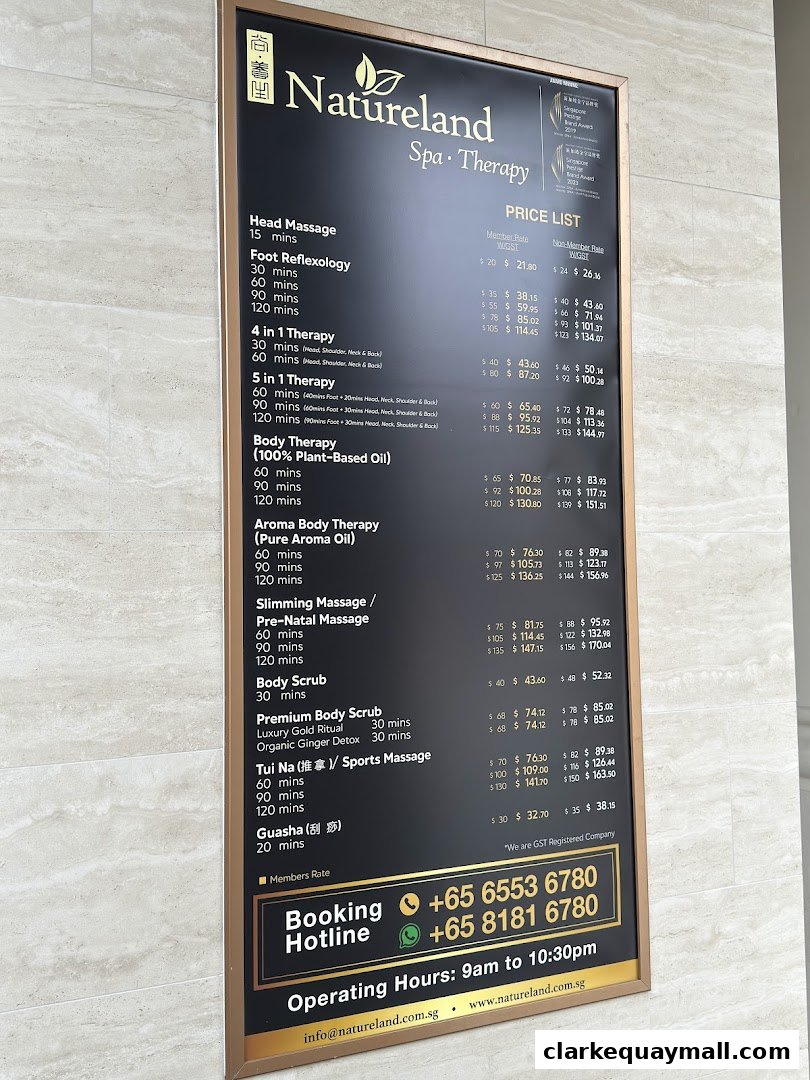 A price list for Natureland Spa & Therapy, detailing various massage and therapy services with member and non-member rates.