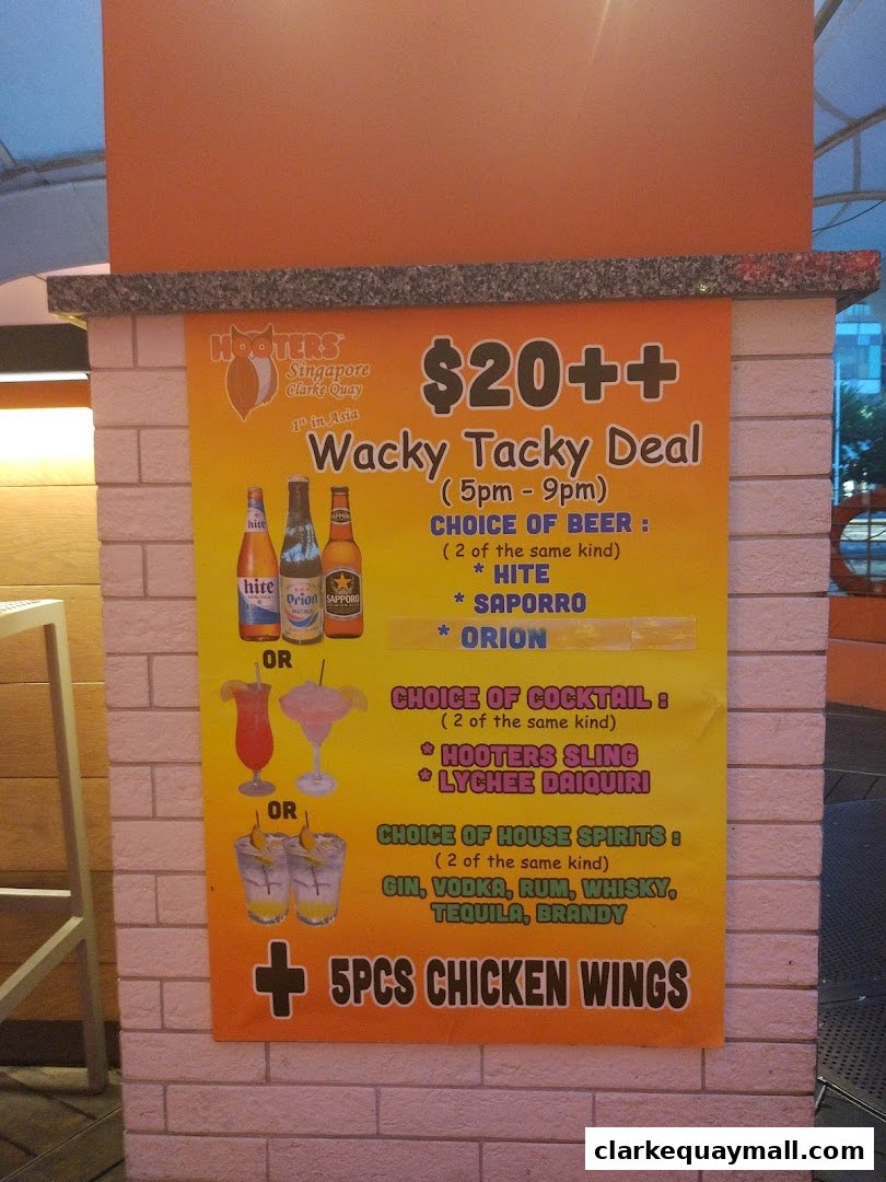 A Hooters 'Wacky Tacky Deal' promotion featuring beer, cocktails, spirits, and chicken wings.