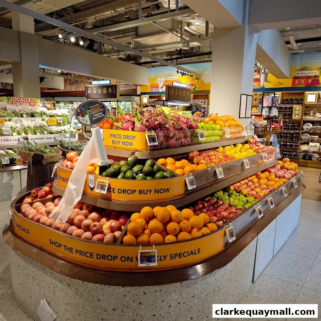 A vibrant display of fresh fruits, including dragon fruit, avocados, oranges, and apples, at a grocery store.