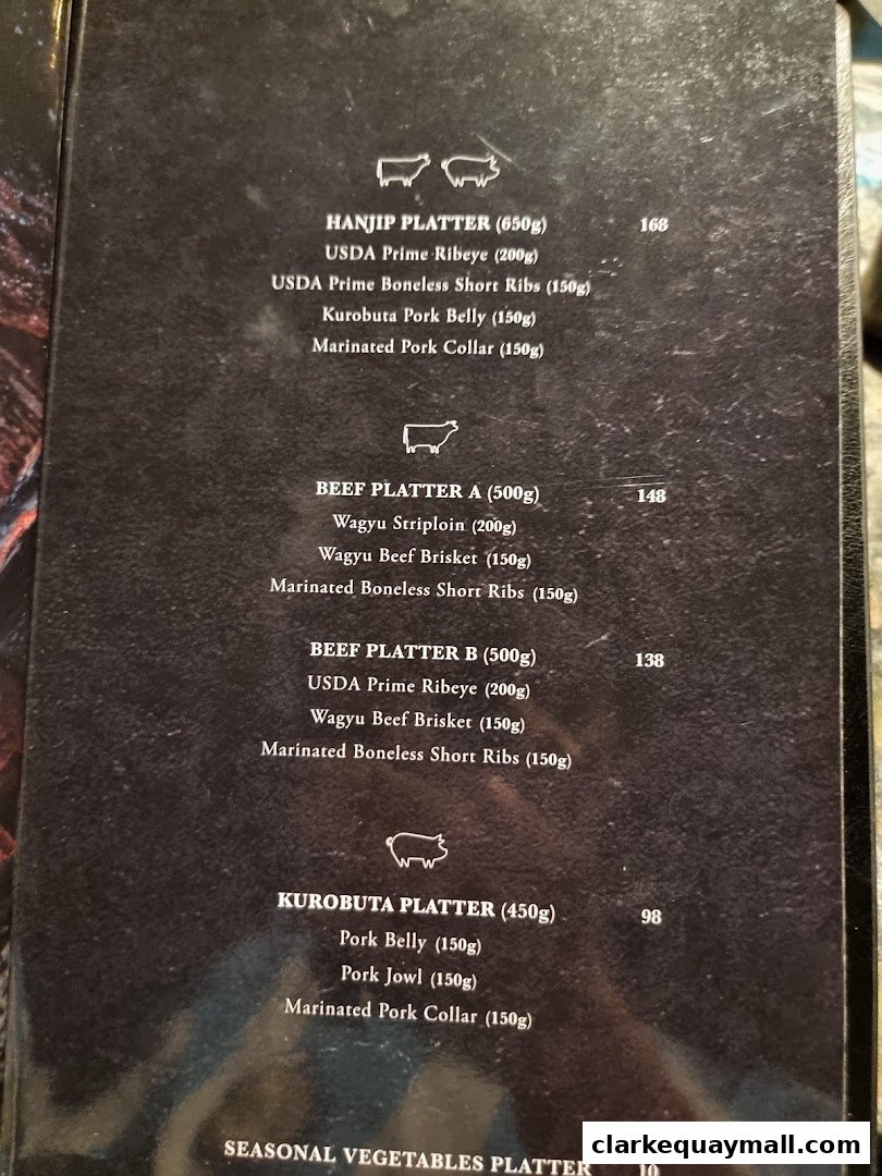 A menu featuring various meat platters with detailed descriptions and prices.