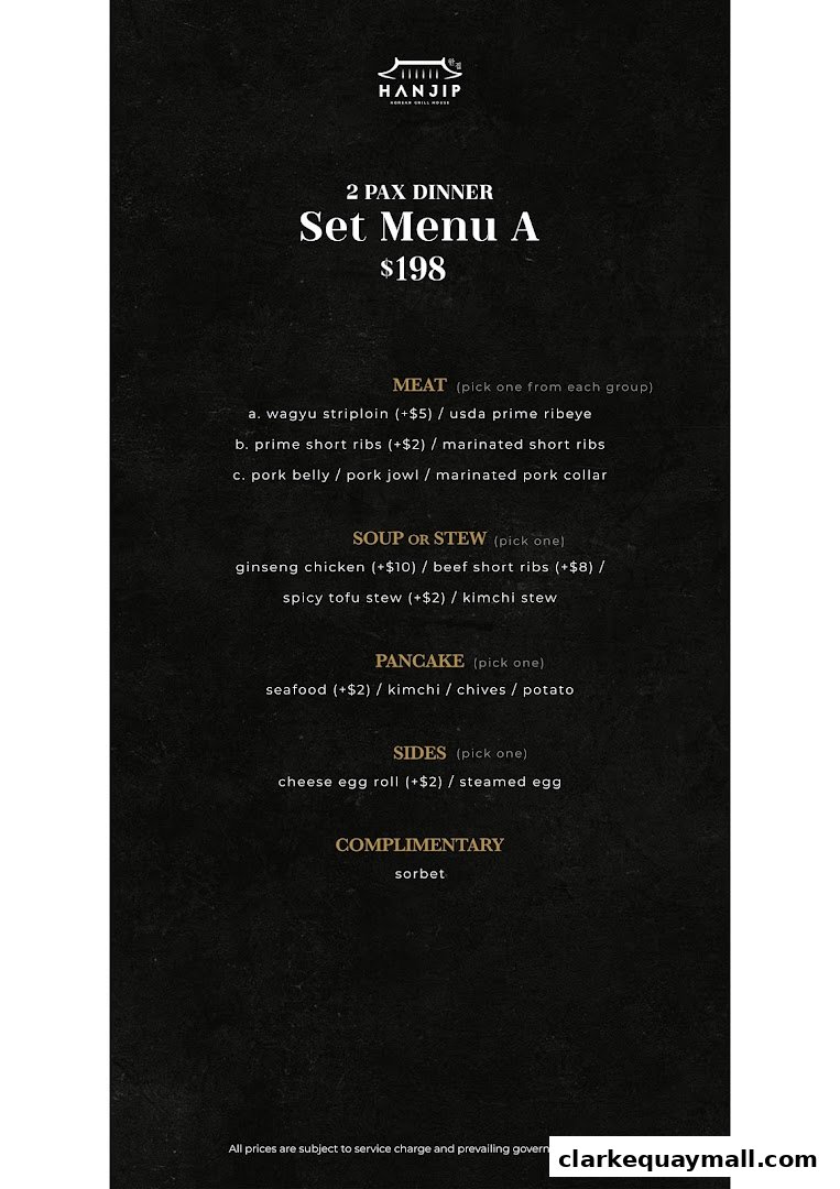 A menu for Hanjip Korean Grill House featuring a 2-person dinner set menu.