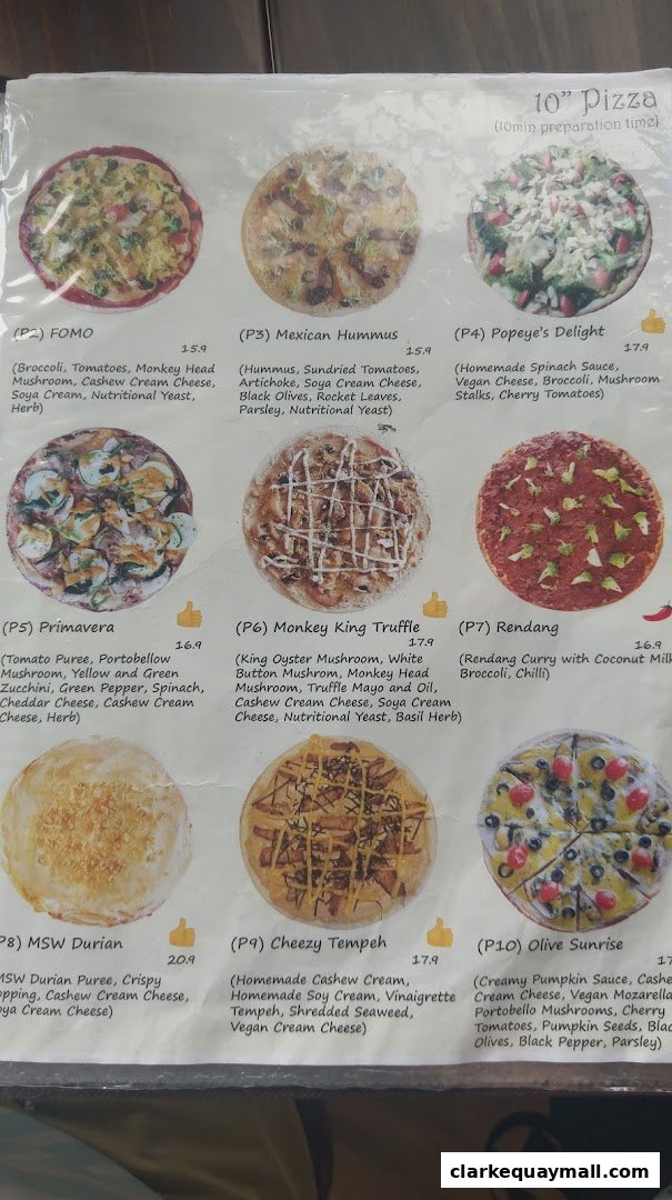 A menu featuring various 10-inch pizzas with detailed descriptions and prices.