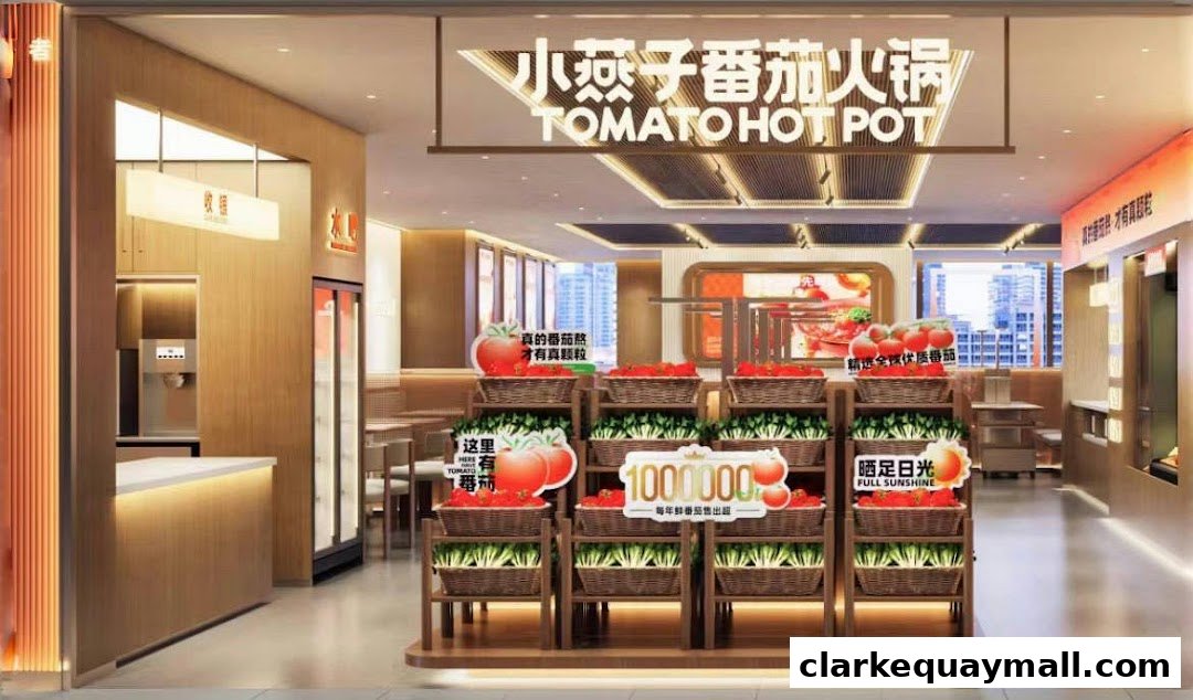 Interior of a modern restaurant with a display of fresh tomatoes and vegetables.
