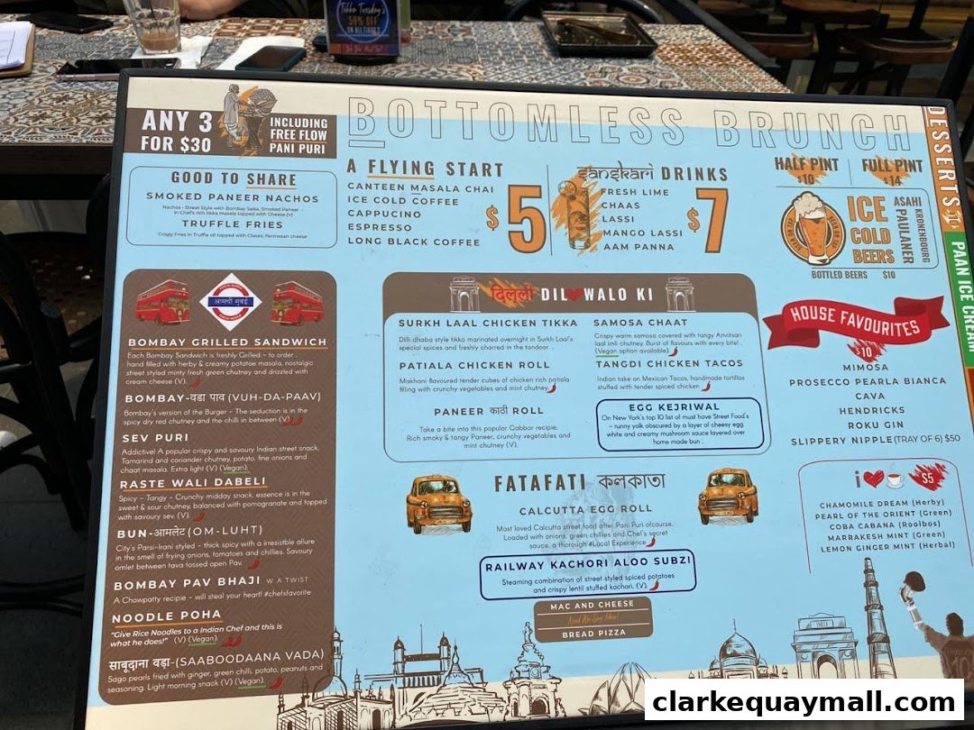A menu from Gabbar Bistro Bar Clarke Quay featuring brunch, drinks, and house favorites.