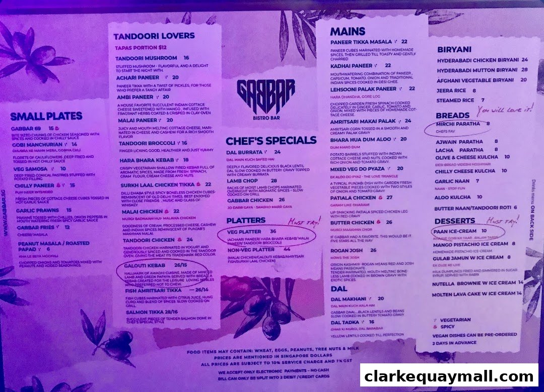 A menu for Gabbar Bistro Bar, featuring Indian cuisine with sections for small plates, tandoori lovers, mains, biryani, and desserts.