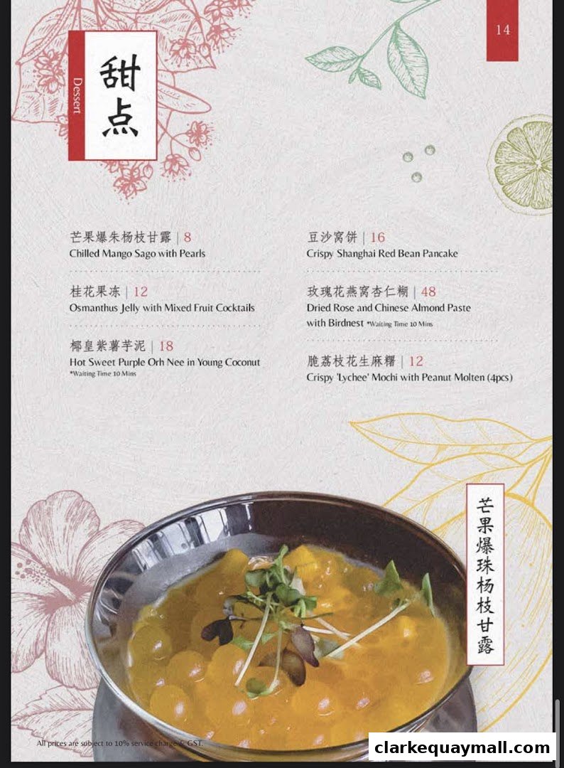 A menu page from Mimi Restaurant featuring a selection of desserts with prices and descriptions.