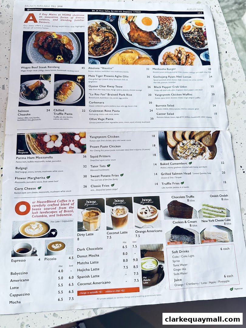 A menu from Home Dawn Cafe featuring brunch items, pasta, burgers, and coffee drinks.