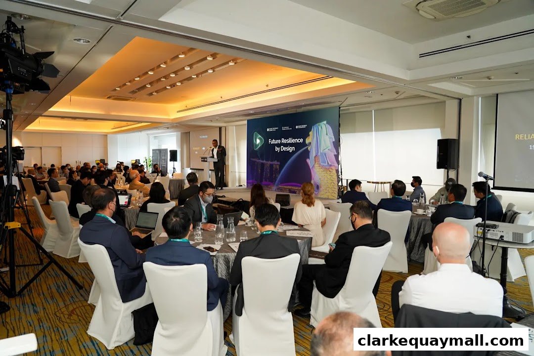 A speaker presents to an audience at a conference with a screen displaying 'Future Resilience by Design'.