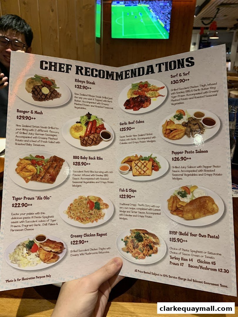 A menu featuring chef recommendations with various meat and pasta dishes.