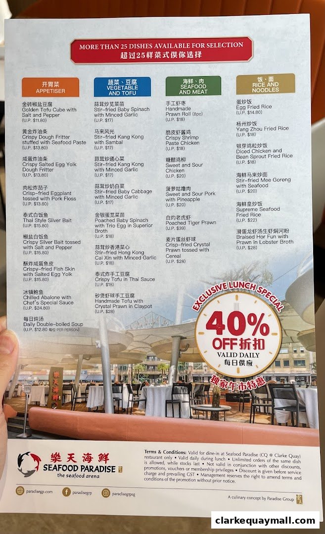 A menu from Seafood Paradise showcasing various dishes and a 40% off lunch special.