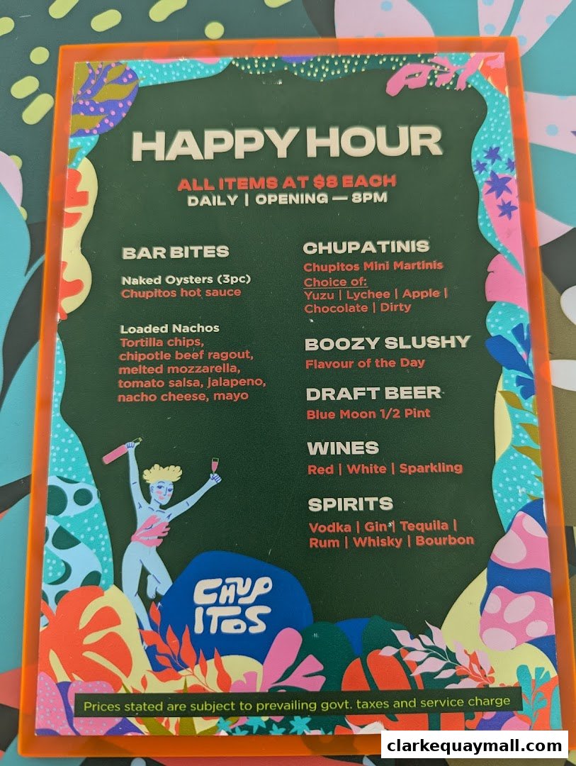 A colorful menu for Chupitos featuring happy hour specials and various drinks and bar bites.
