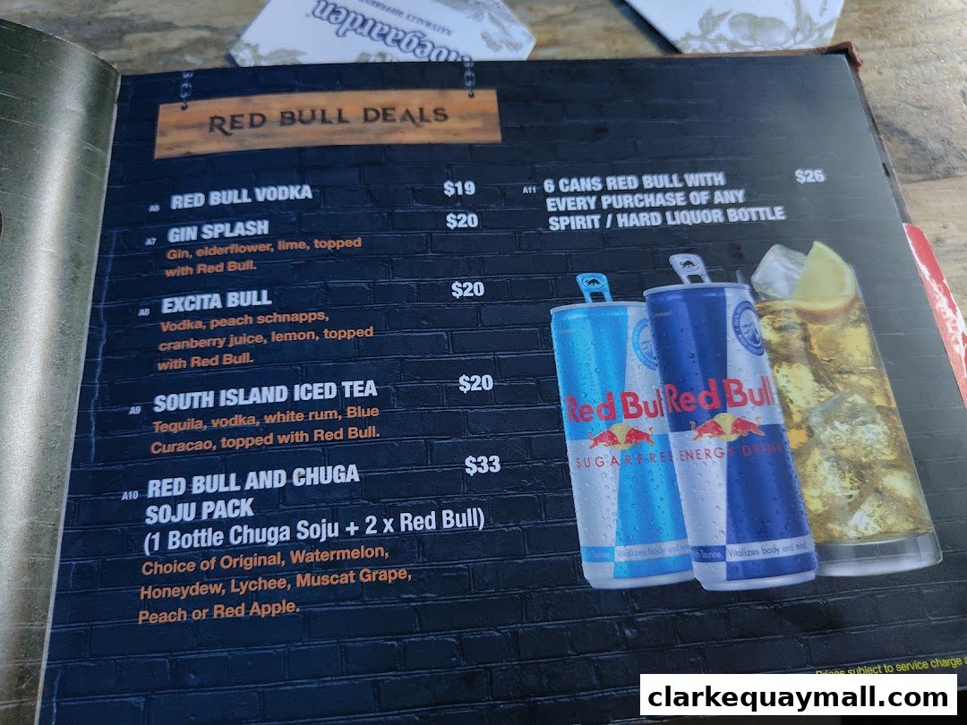 A menu page featuring Red Bull deals with various drink options and prices.