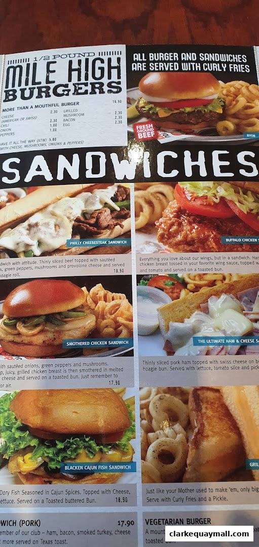 A menu page showcasing various burgers and sandwiches with enticing images and descriptions.