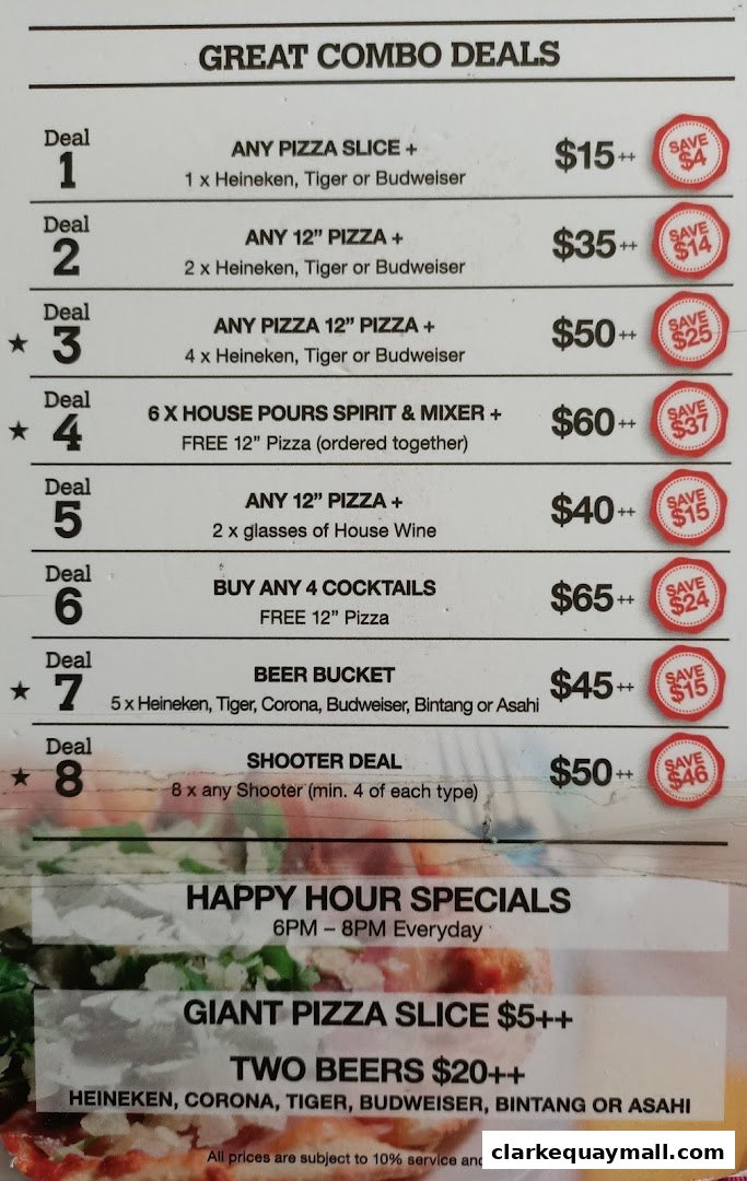 A menu featuring great combo deals, happy hour specials, and pizza and beer promotions.
