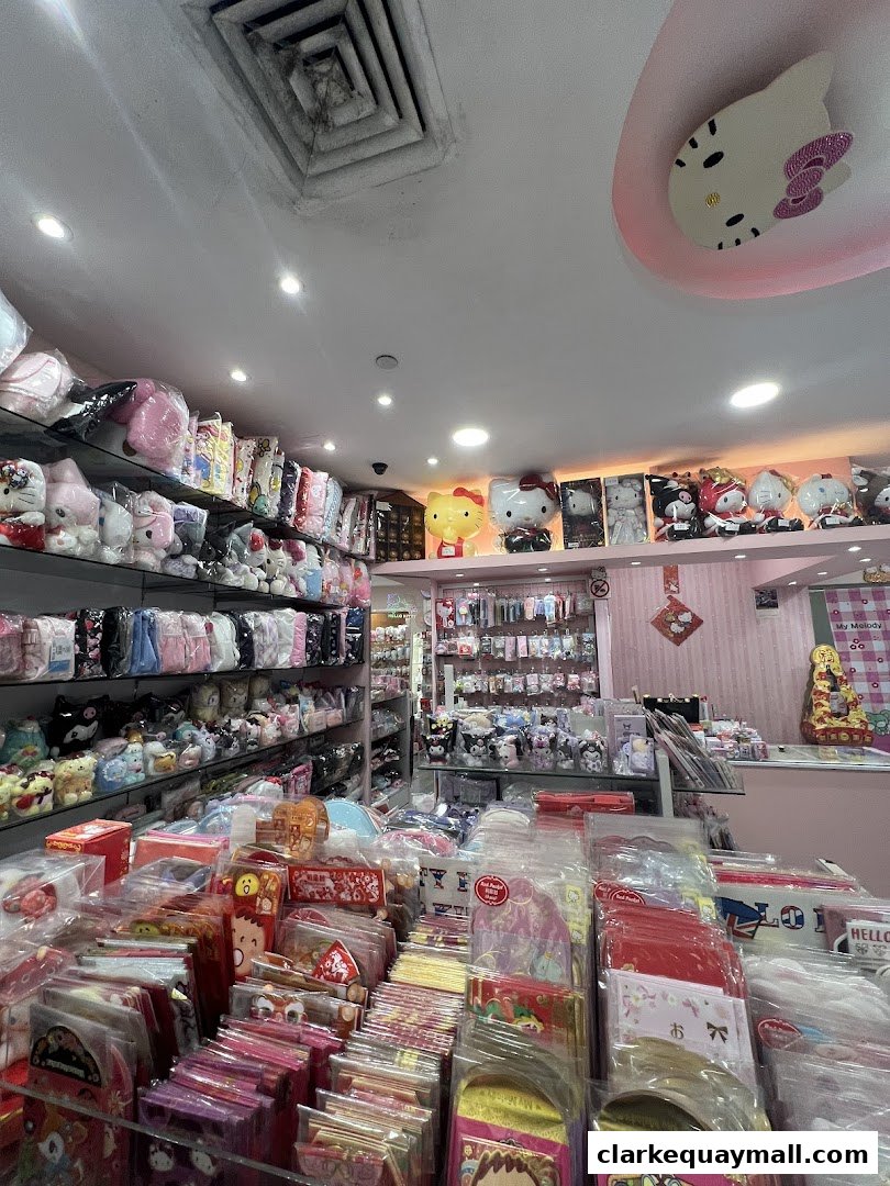 Interior of a gift shop filled with Hello Kitty and Sanrio merchandise.