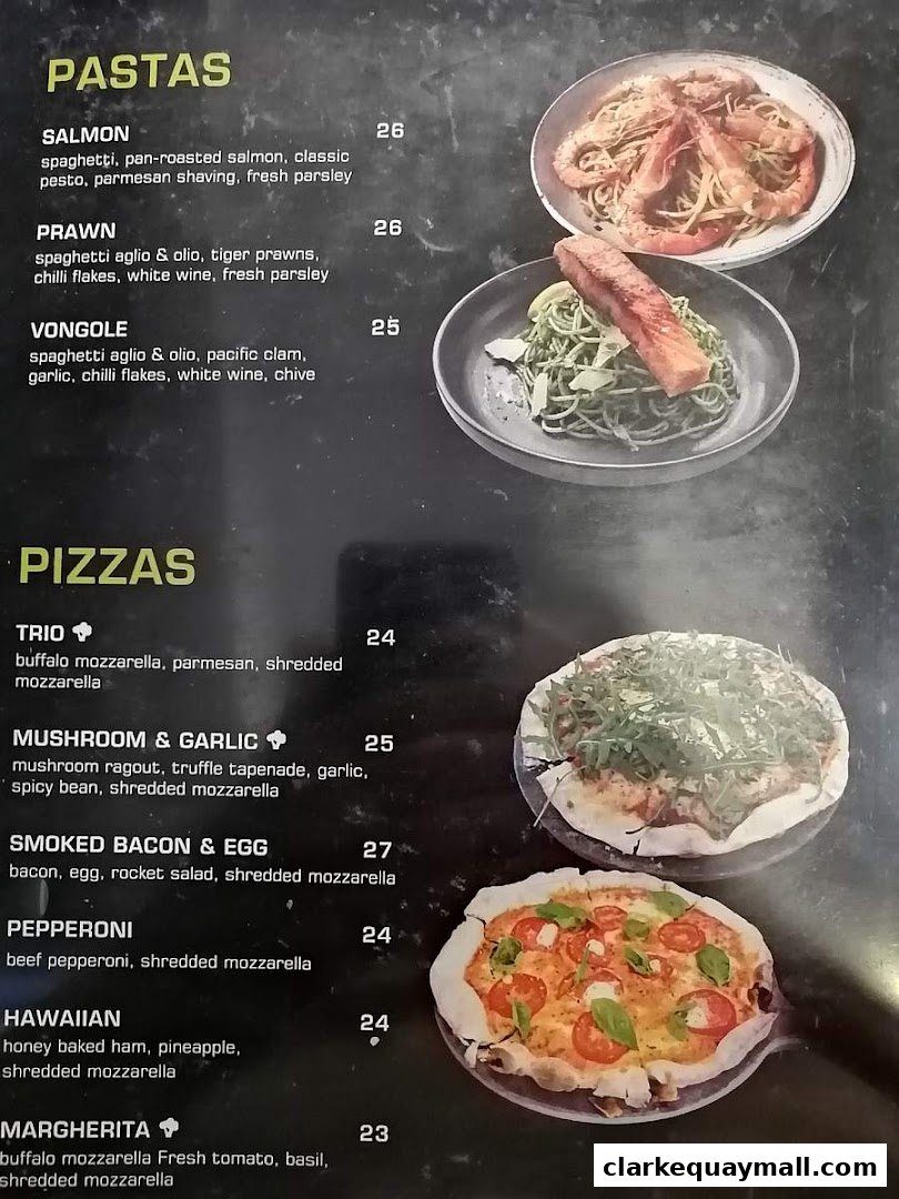 A menu featuring pasta and pizza dishes with descriptions and prices.