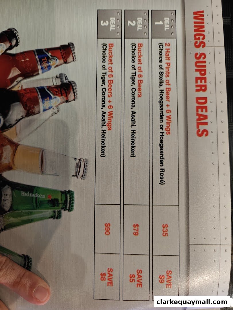 A menu featuring 'Wings Super Deals' with beer and wing combinations.