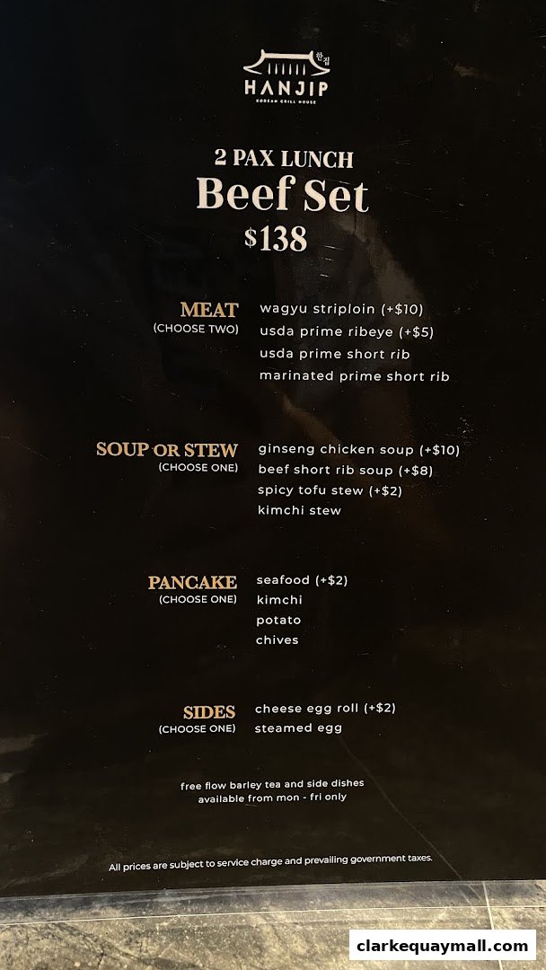 A menu for Hanjip Korean Grill House featuring a 2 Pax Lunch Beef Set.