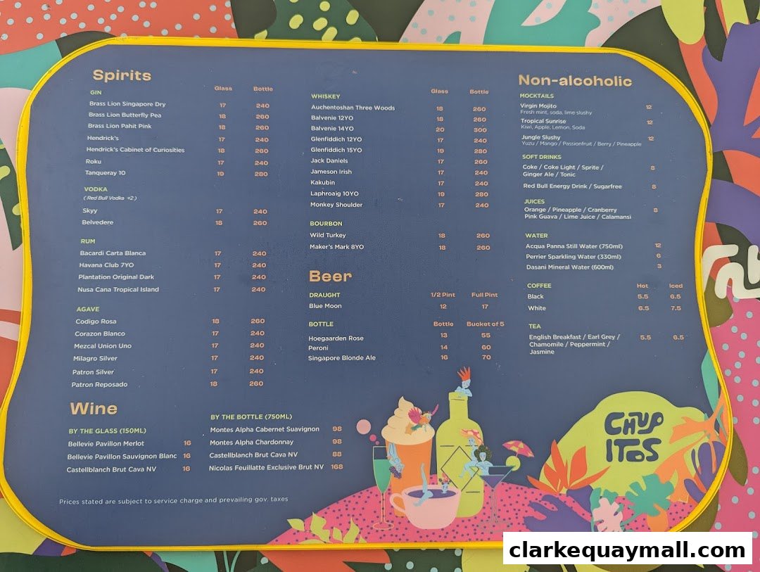 A colorful menu displaying a wide selection of spirits, wines, beers, mocktails, and other beverages.