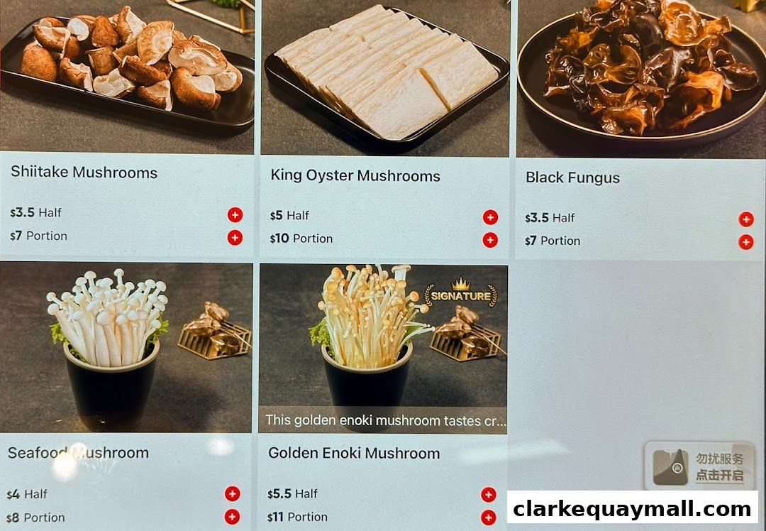 A menu displaying various mushroom options for hot pot, with prices and portion sizes.