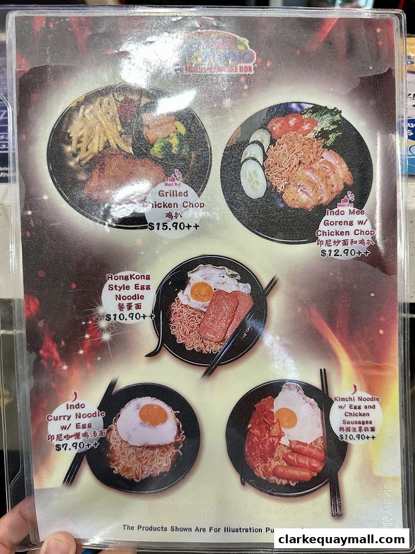 A menu displaying various noodle and chicken chop dishes with prices.