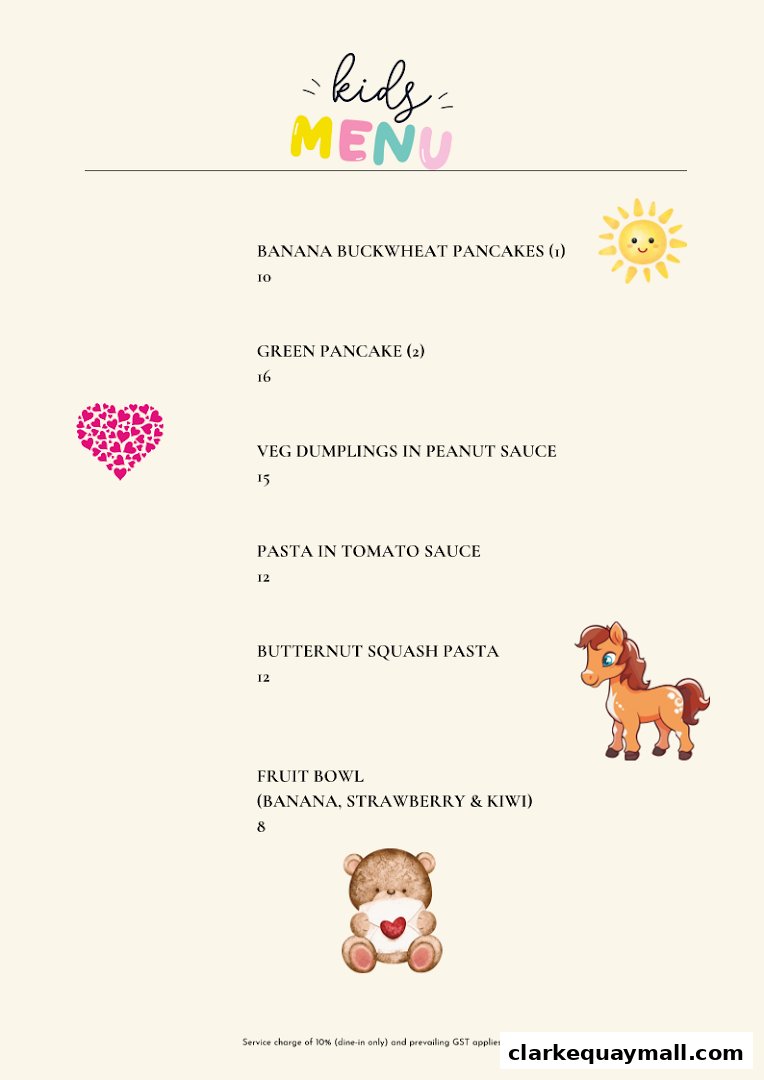 A kids' menu from iNCREDi BOWL featuring pancakes, dumplings, pasta, and fruit bowls.