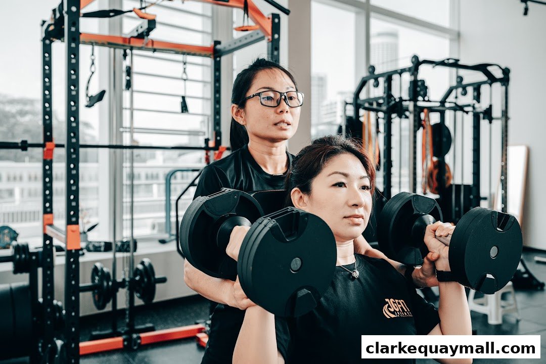 A personal trainer guides a client performing dumbbell shoulder presses in a gym.