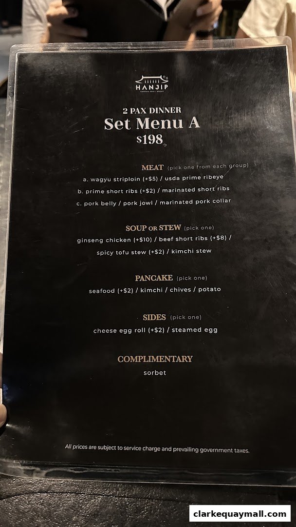 A menu for Hanjip Korean Grill House's 2 Pax Dinner Set Menu A.