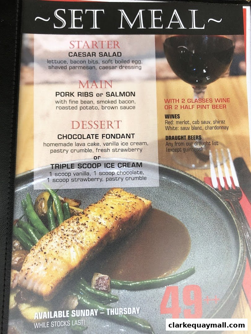 A set meal menu featuring starter, main, and dessert options with drink pairings.