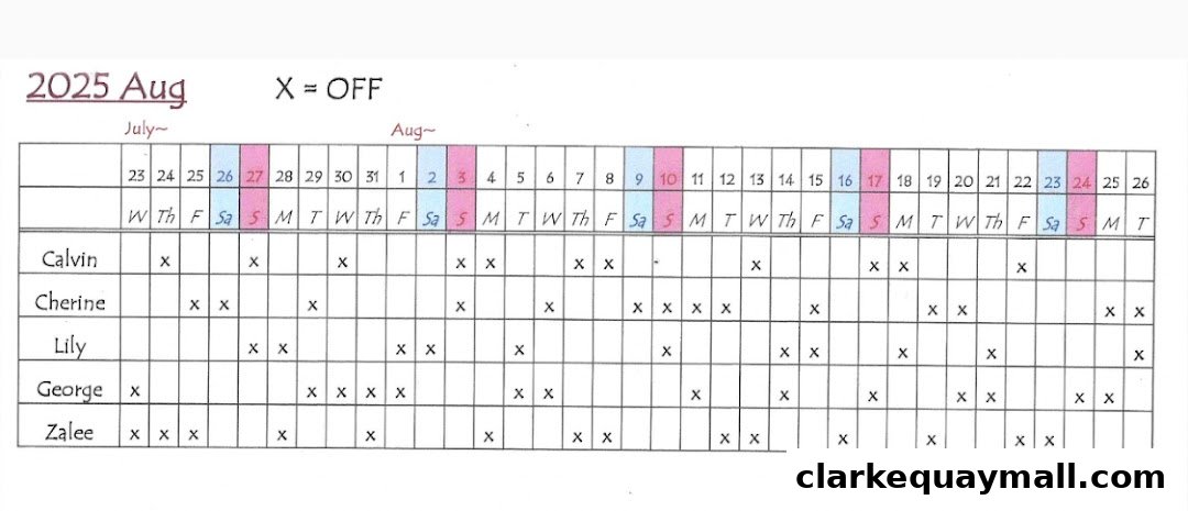 A handwritten August 2025 calendar showing staff days off marked with an 'X'.