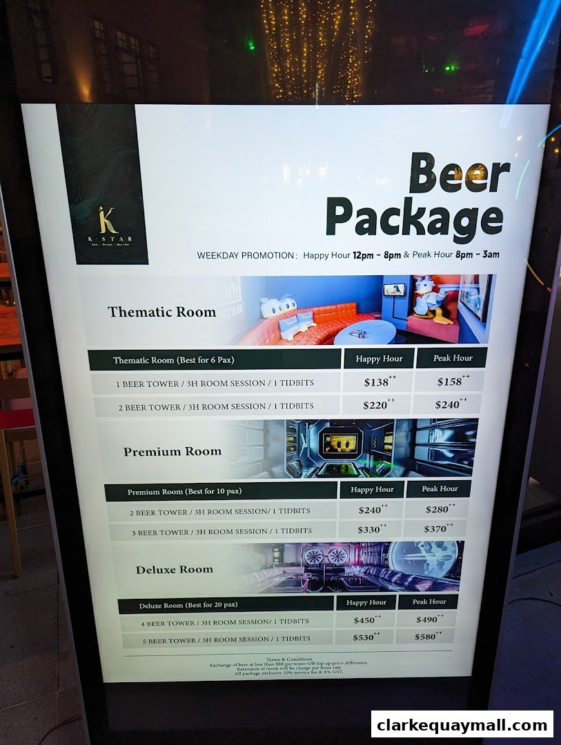 A menu board displays beer package deals for different room types at K.STAR.