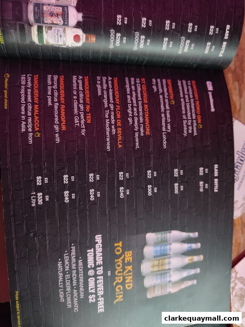 A menu page showcasing various gins with descriptions and prices, alongside a tonic upgrade offer.