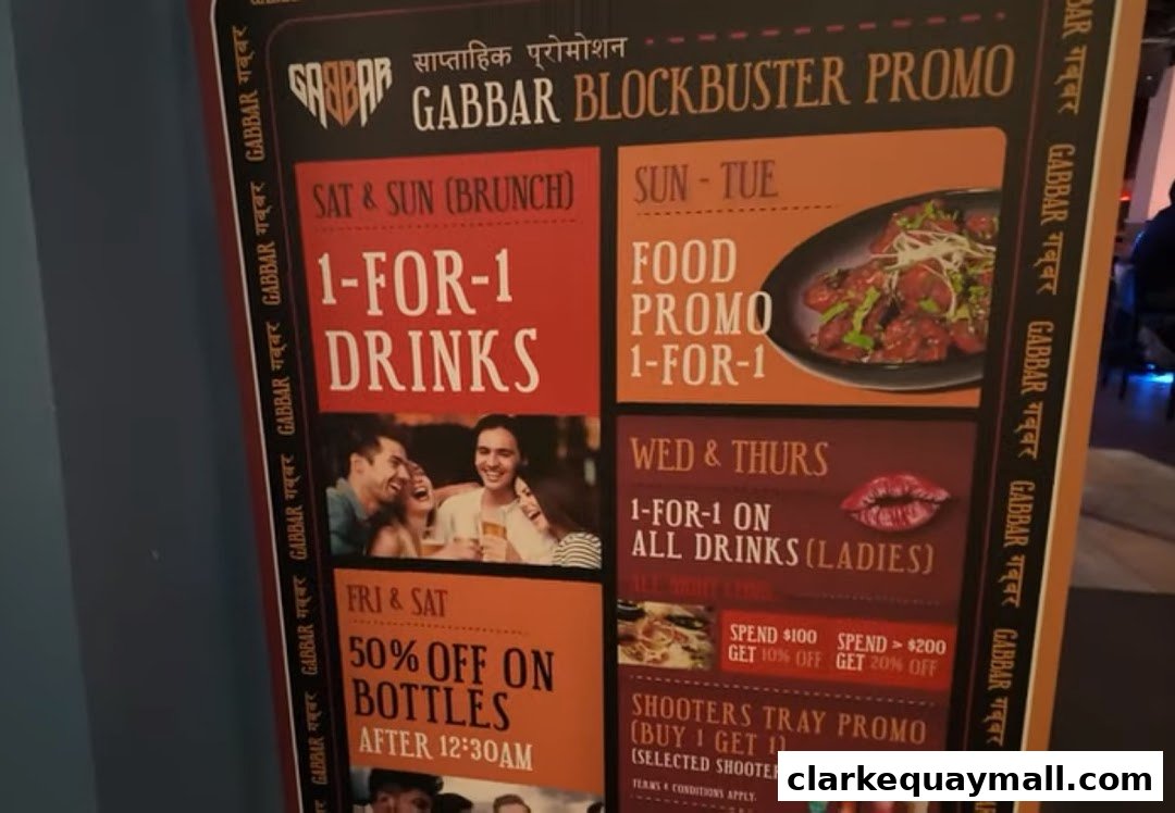 A promotional poster for Gabbar Bistro Bar featuring various drink and food offers.