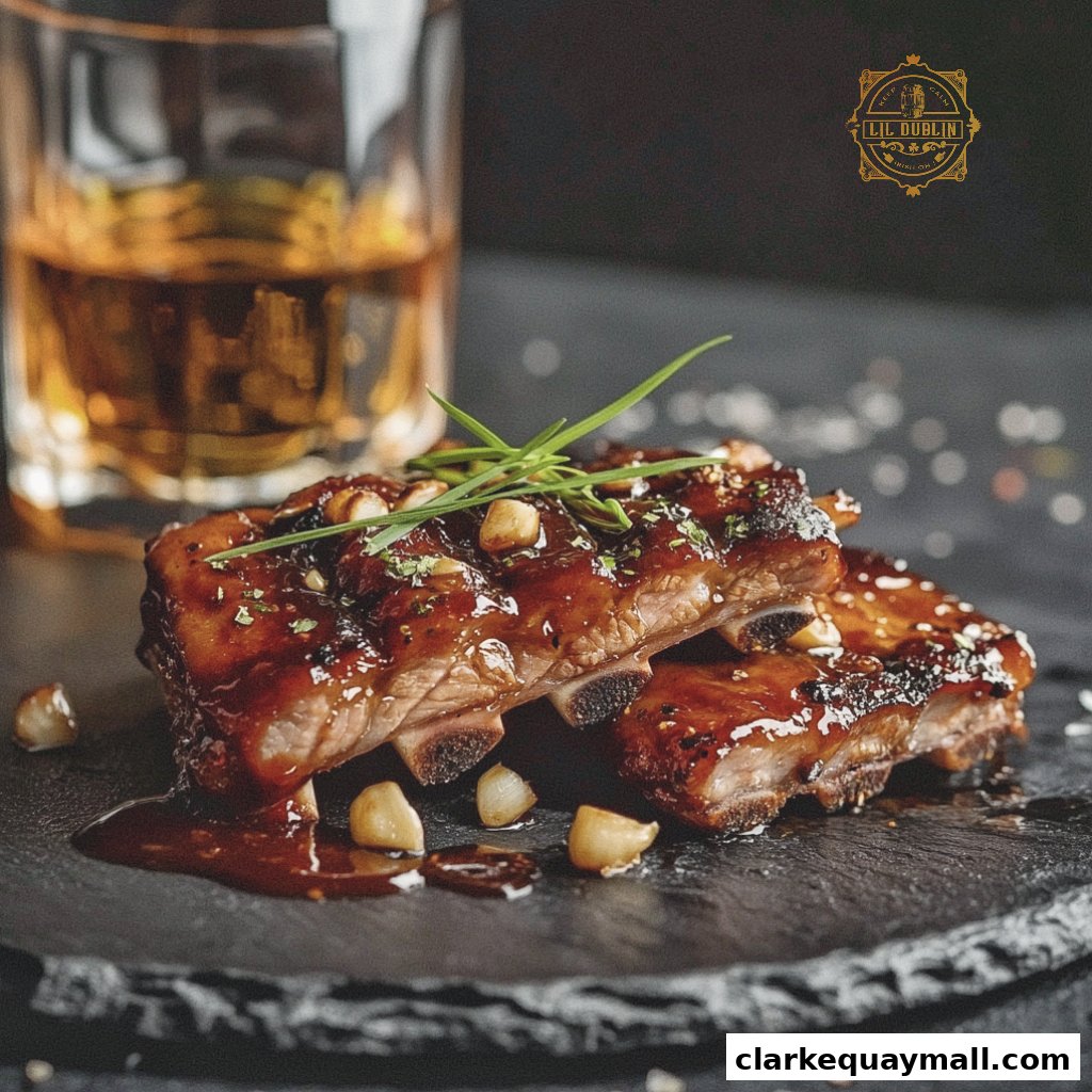 A close-up of glazed ribs with garlic and herbs, next to a glass of amber liquid.
