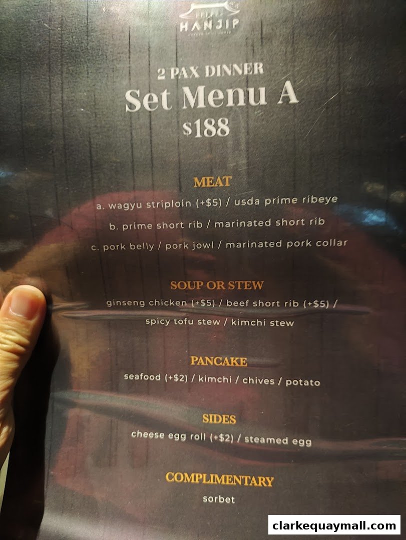 A close-up of a Hanjip Korean Grill House menu featuring Set Menu A for two.