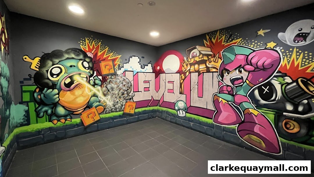 Vibrant graffiti art featuring classic video game characters and motifs adorns the walls of a room.