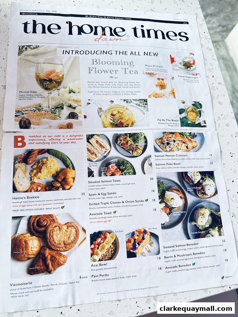 A newspaper-style menu featuring brunch items, pastries, and specialty teas.