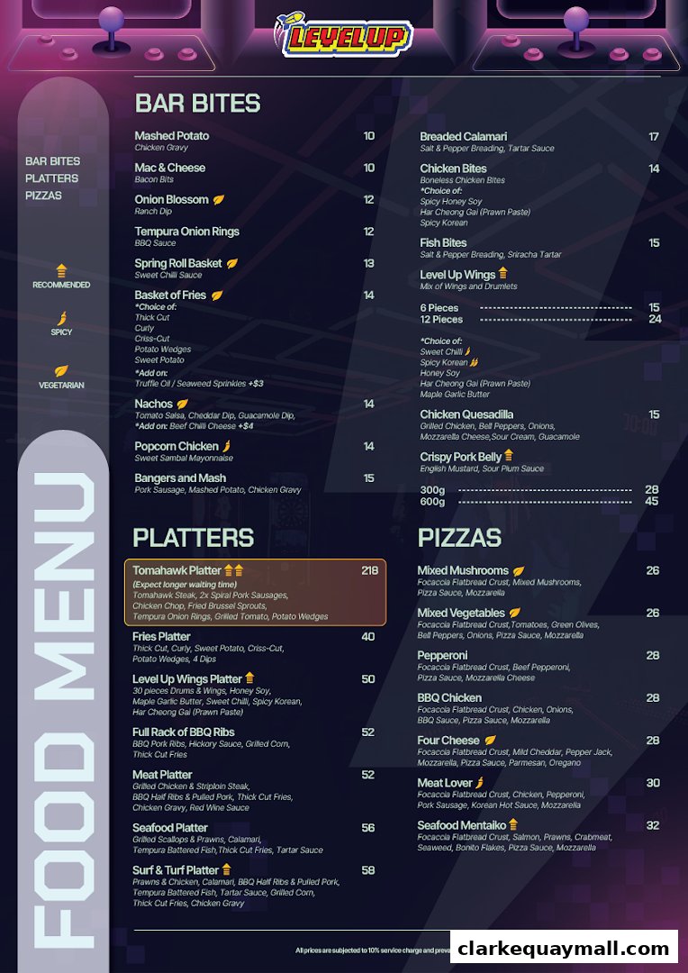 A colorful menu for Level Up, featuring bar bites, platters, and pizzas with prices.