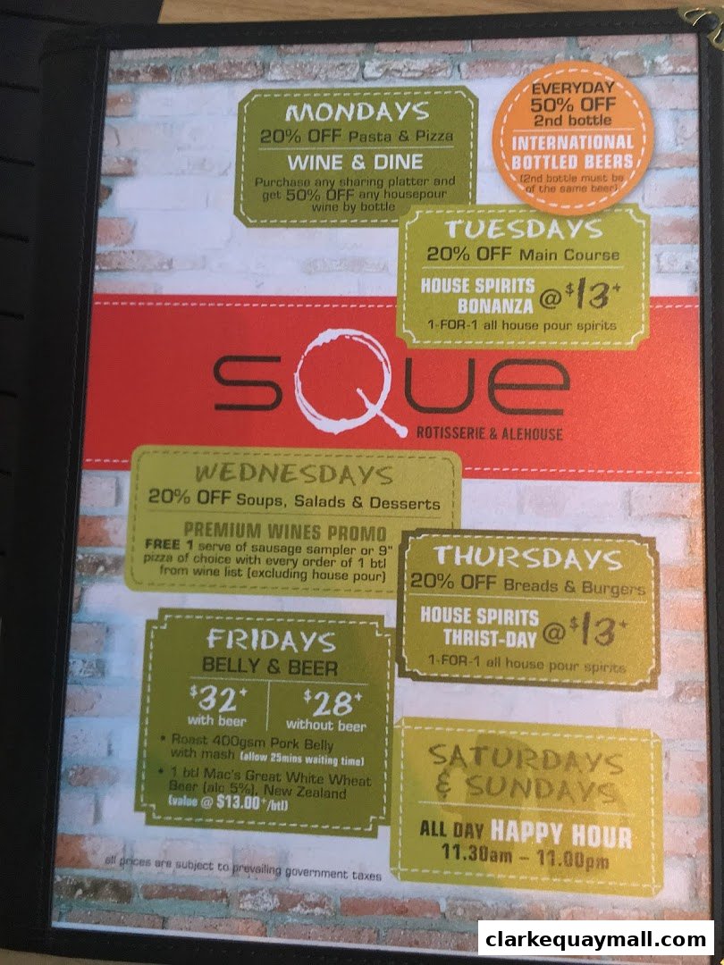 A menu from SQUE Rotisserie & Alehouse detailing daily specials and promotions.