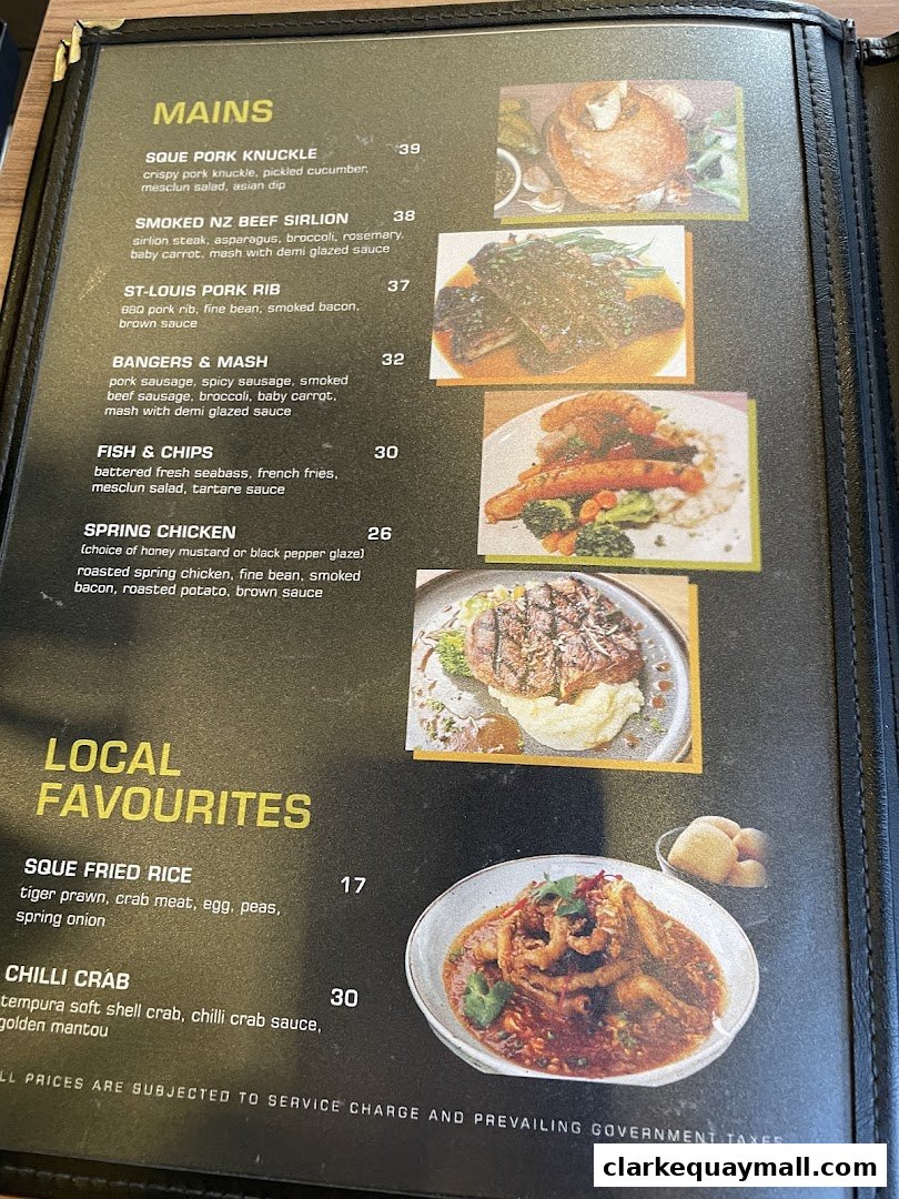 A menu from SQUE Rotisserie & Alehouse featuring mains and local favorites with accompanying images.