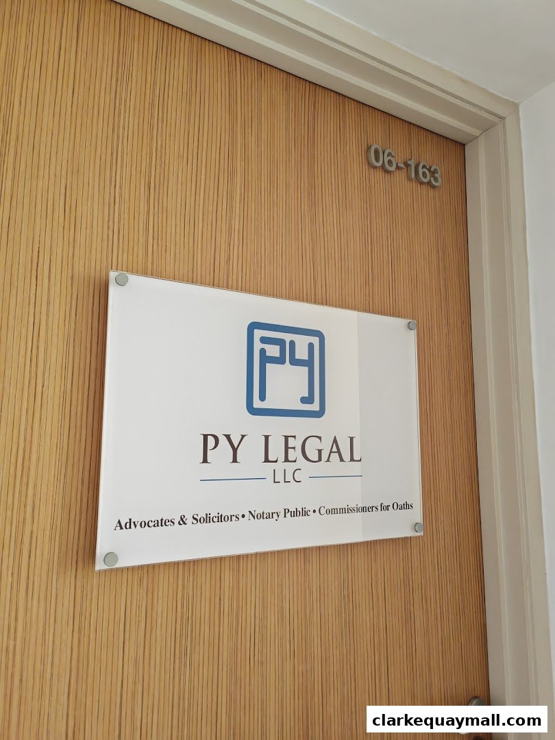 A sign for PY Legal LLC, Advocates & Solicitors, Notary Public, Commissioners for Oaths.