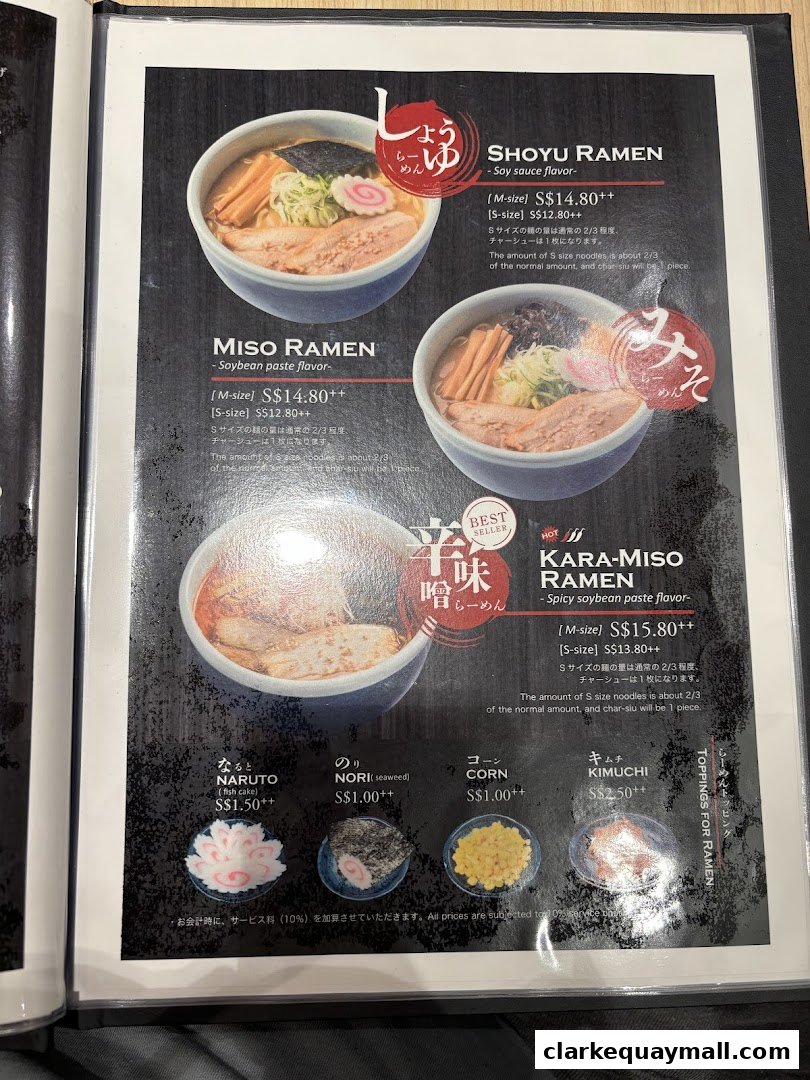 A menu page showcasing three types of ramen and various toppings with prices.