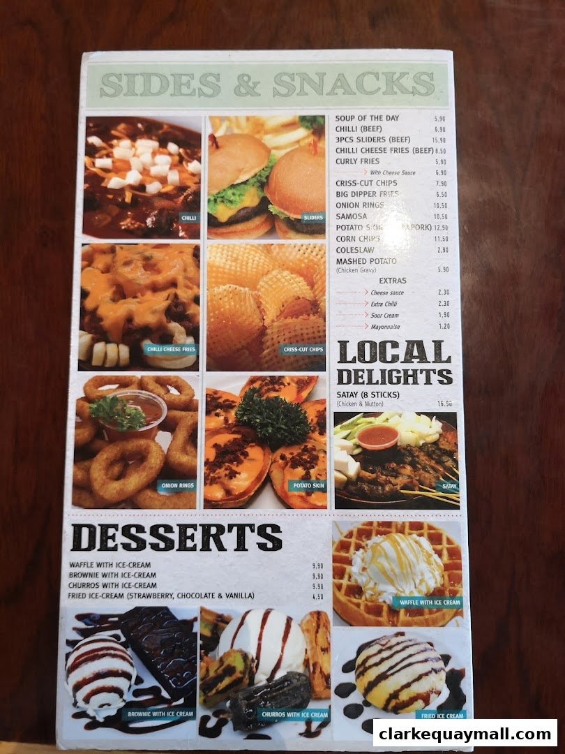 A menu featuring sides, snacks, and desserts with accompanying images.