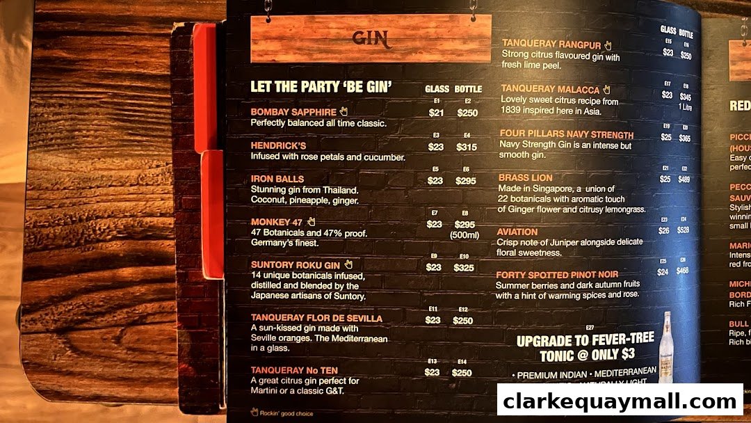 A menu page displaying various types of gin with their descriptions and prices.
