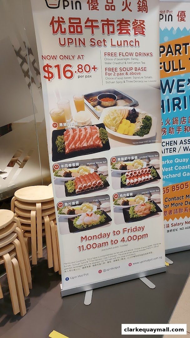 A promotional banner for UPIN Set Lunch featuring various meat and fish slices for hot pot.