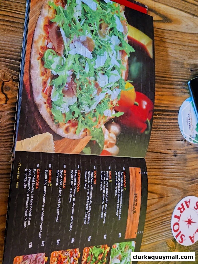 A menu page featuring a large pizza image and a list of pizza options with descriptions and prices.