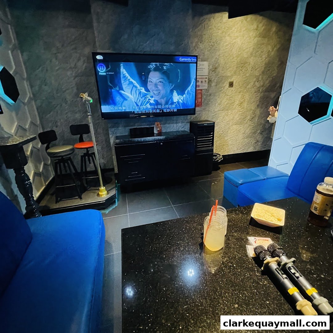 A karaoke room with blue seating, a large TV, microphones, and drinks on a table.