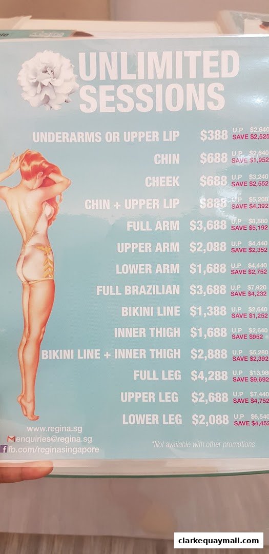 A price list for unlimited hair removal sessions with various body parts and prices.