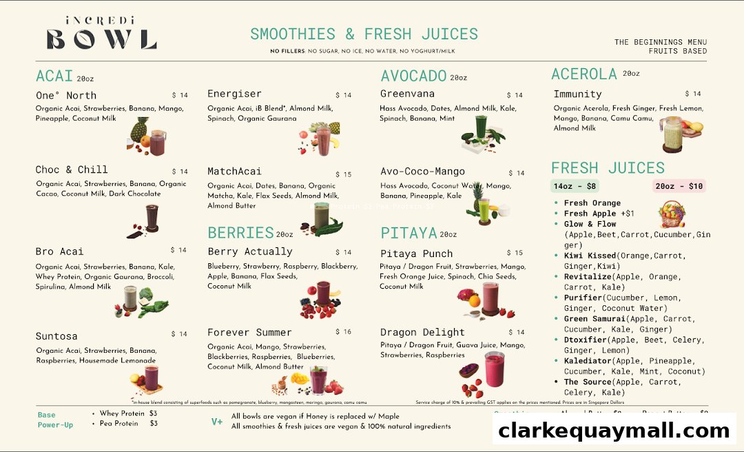 A menu for iNCREDi BOWL featuring smoothies, fresh juices, and acai bowls with ingredients and prices.