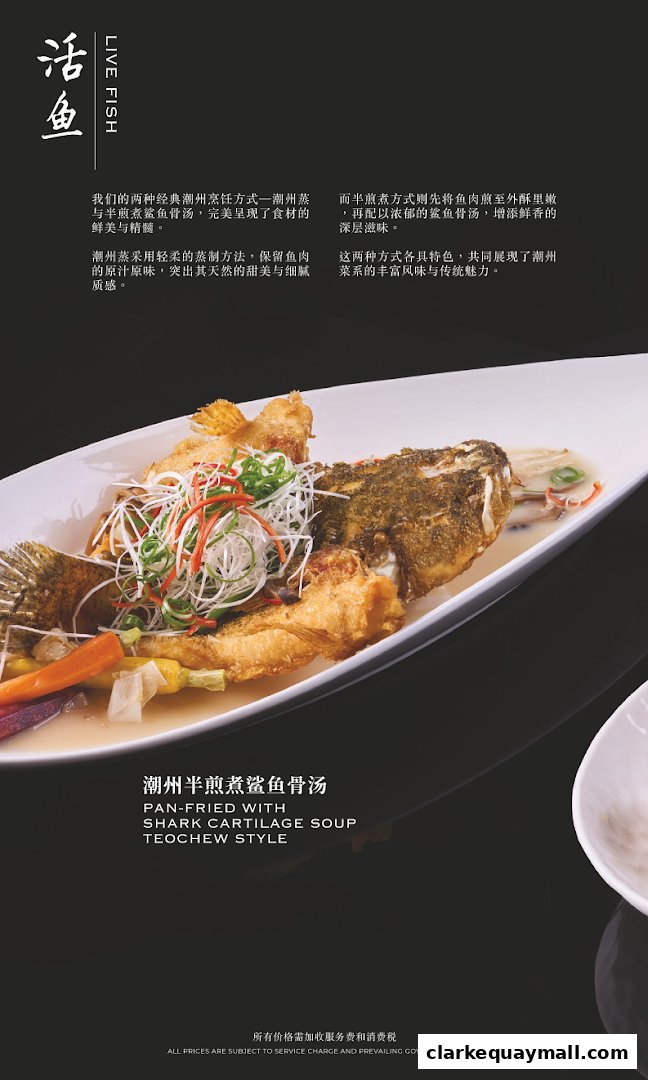 A close-up of a Teochew-style pan-fried dish with shark cartilage soup.